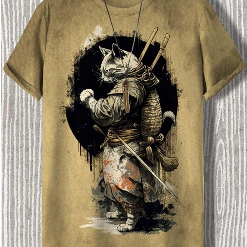 

Чоловіча футболка в японському стилі з малюнком 3D-принту з малюнком кота-самурая Повсякденна футболка з короткими рукавами для активного відпочинку, верхній чоловічий одяг M