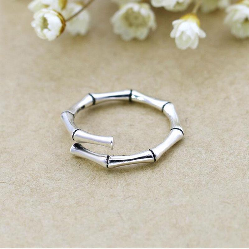 ANENJERY Bamboo Open Ring with Black Star Fashion Silver Jewelry Women Men Fashion Gifts