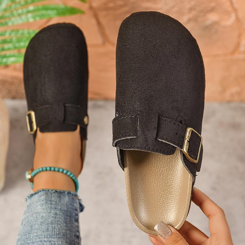 Fashion Buckle Decor Flat Slippers Women 2025 Summer Closed Toe Thick Sole Non Slip Flats Woman Plus Size Light Comfort Casual Slides