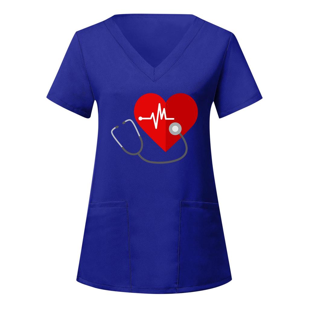 European and American Nurse Caregiver V-Neck Print Shirt with Large Pocket, Short Sleeve T-shirt for Women