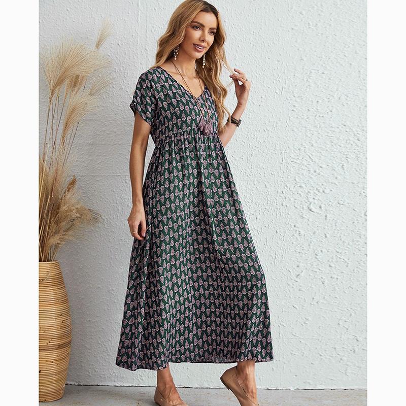 Letnia sukienka vintage z krótkim rękawem i dużym rozmiarem, damska, dekolt w serek, elegancka, swobodna, długa sukienka, damska, linia A, nadruk, luźne, oversize'owe sukienki damskie 24517