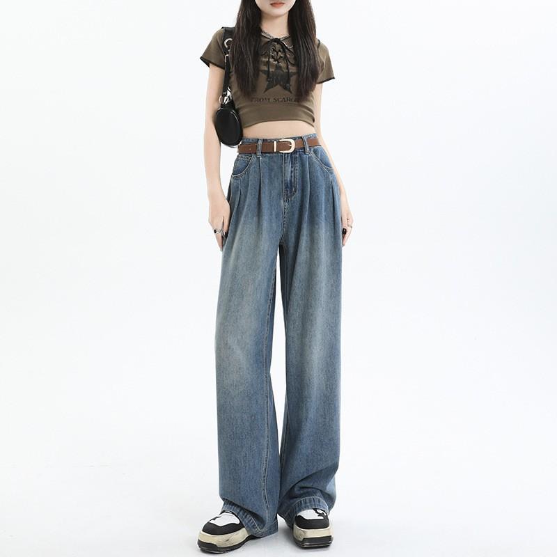 High Waist Pleated Super Soft Wide Leg Jeans Women's Drape Loose and Thin Versatile Design Mopping Straight Pants