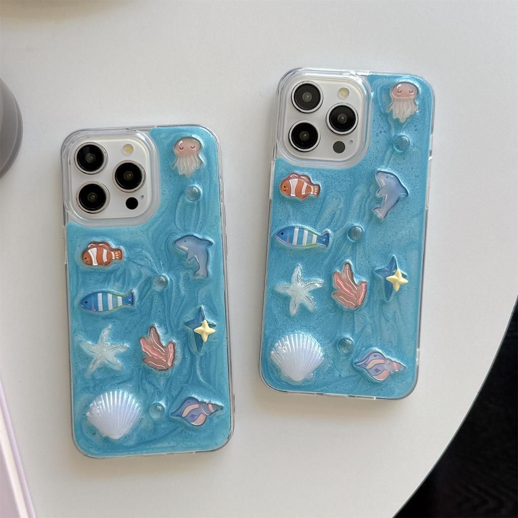 3D Ocean Theme Phone Case for iPhone 12-17 Series — Cute Dolphin, Fish, Jellyfish & Coral Design