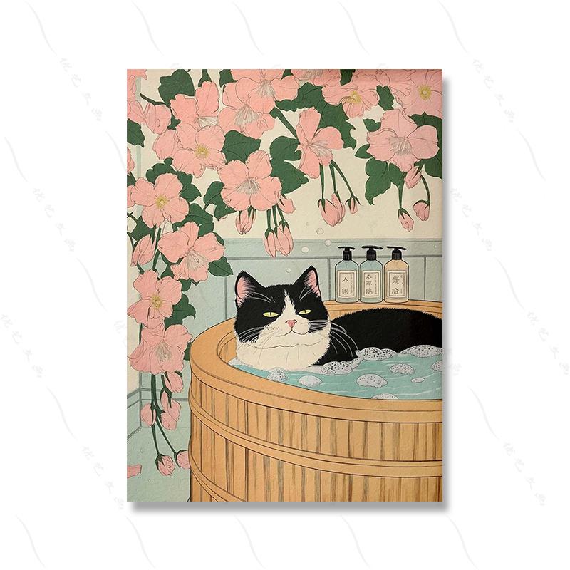 Tuxedo Cat Corgi Fox In a Bath Japanese Style Bathroom Print Vintage Poster Funny Aesthetic Japandi Wall Art Animal Lover Gift