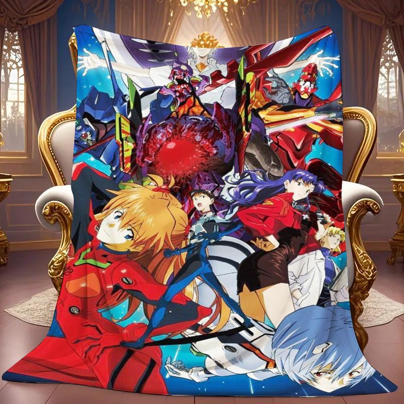 Neon Genesis Evangelion Group Anime Flannel Throw Blanket, Soft Blanket for Sofa Bed, Mecha Character Print Home Decor