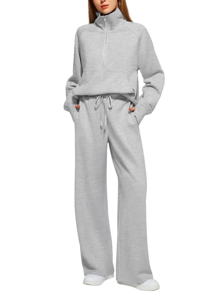 Damen Zweiteiler Oversized Halbreißverschluss Sweatshirt und Weite Hose Lässiges Set
