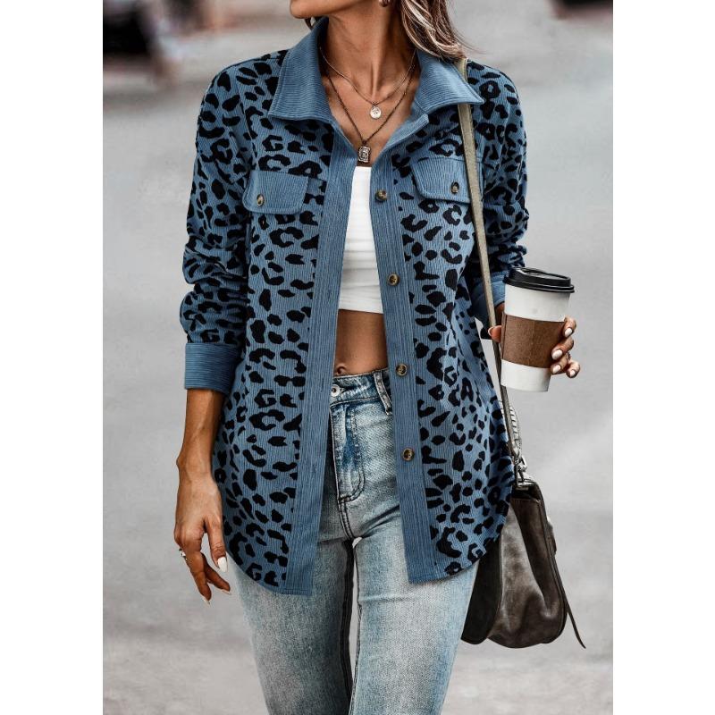 Autumn and Winter  Fashion Leopard Print Button Long Sleeve Jacket Woman