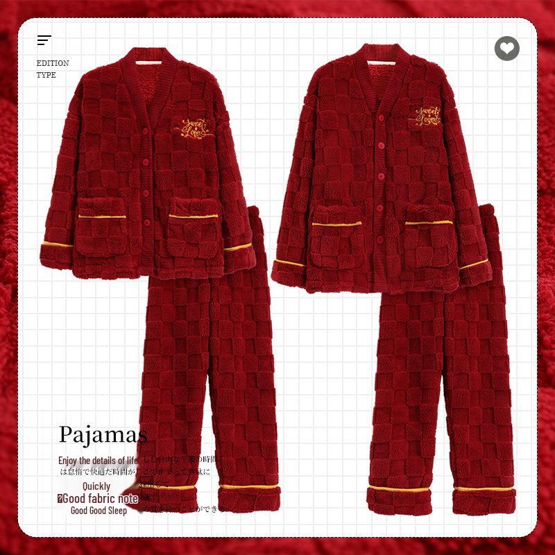 Year of the Snake Couples' Red Coral Fleece Pajamas: Warm Velvet Autumn/Winter Wedding Loungewear for Men and Women