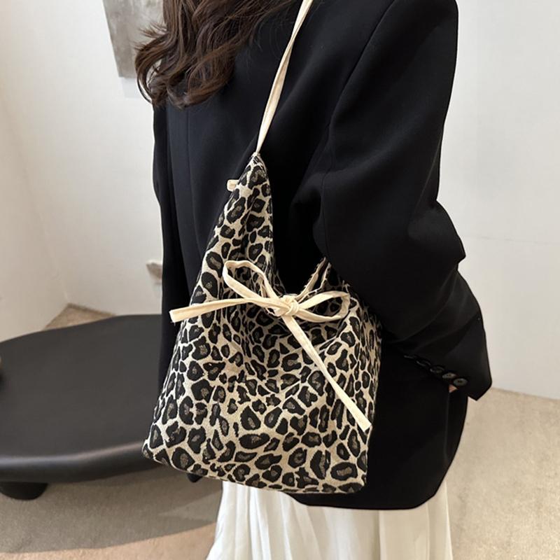 Korean Double Sided Leopard Print Bucket Shoulder Bag , Stylish Leopard Print Handbag for Women, Fashion Bow Large Capacity Crossbody Bag