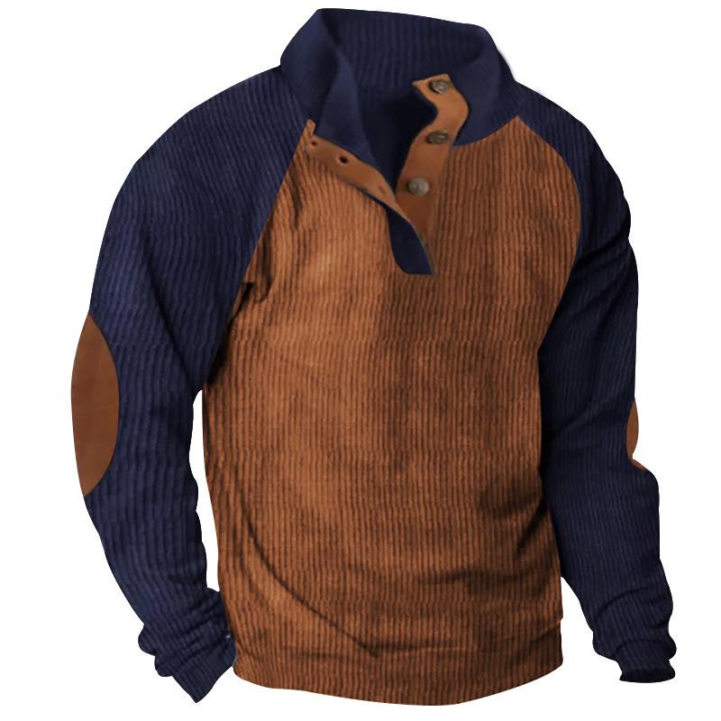 Men's Corduroy Color Block Stand Collar Hoodie - Casual Long Sleeve Top for Spring and Autumn