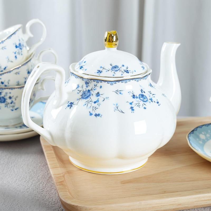15 Piece e Porcelain Tea Set, British Floral Teapot with Tea Cups, Women Tea Party Set for 6