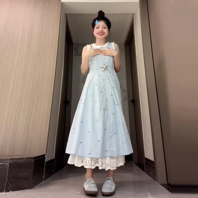 French blue striped splicing sleeveless suspender vest dress women s summer new slim medium and long dress S