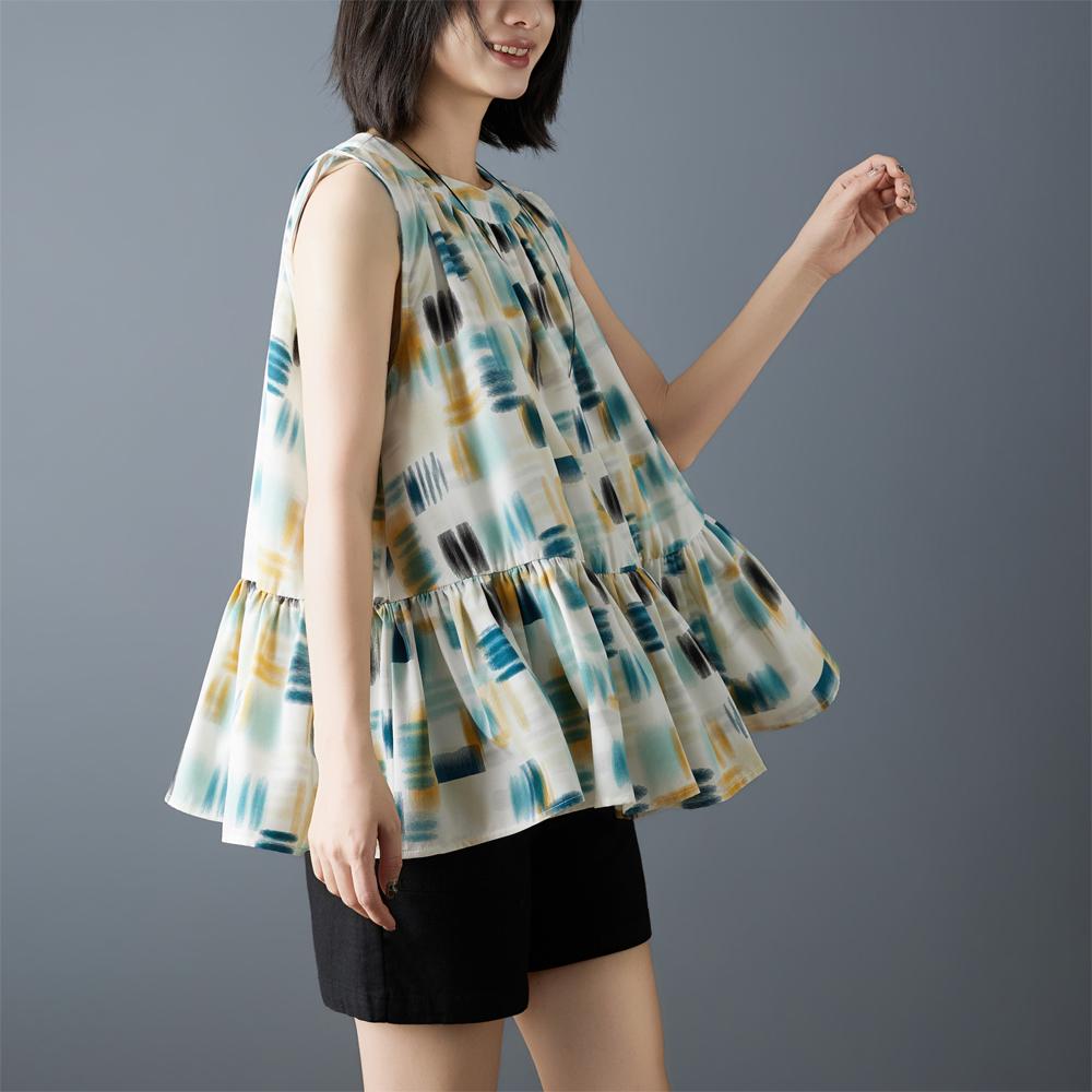 

DIMANAF 2026 New Summer Plus Size Women Shirts Tees Casual Loose Blouse Button Print Sleeveless Lady Tops Pleated M