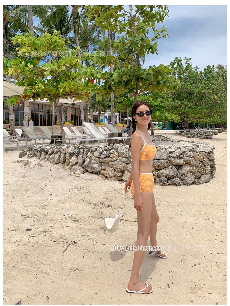 2026 Retro Korean Plaid Color Block High Waist Bikini Swimsuit