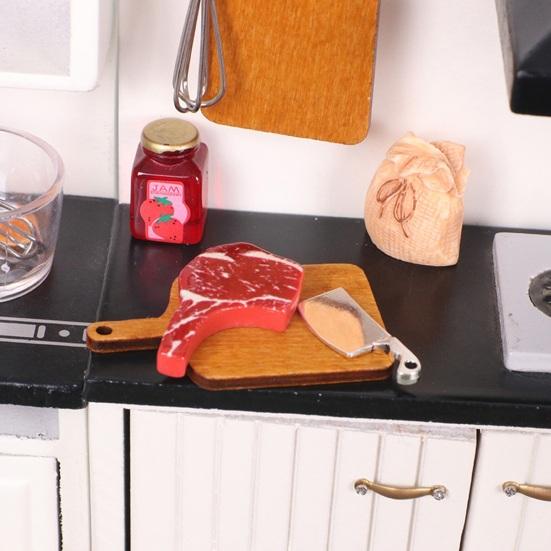 Mini Steak And Knife Set 3Pcs/Set Cutting Board, Tiny Wooden Realistic Miniature Food Display for Doll Mansion Kitchen Butcher Board