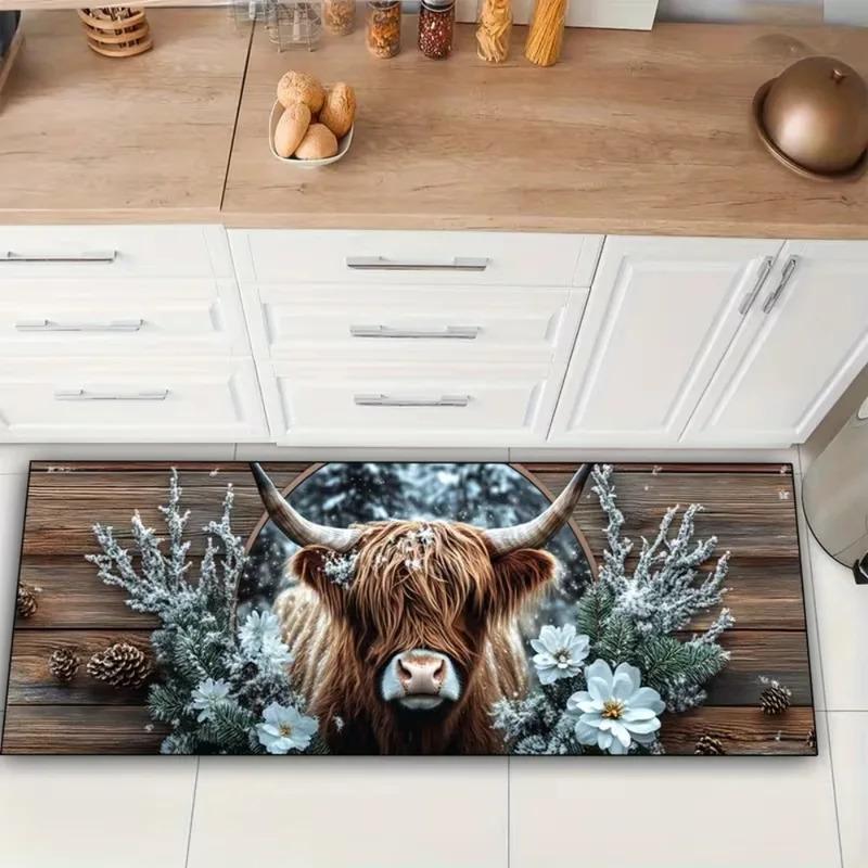 VIKAMA 1/2pcs Highland Cow Kitchen Rug Non-slip, Easy-clean Hallway Entrance Doormat Living Room Bedroom Rug Home Decor
