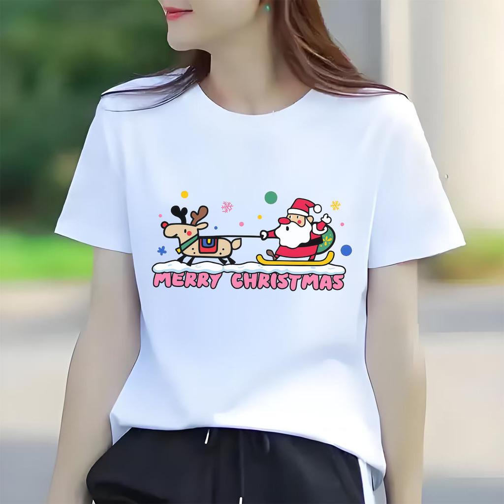 Merry Christmas Santa Claus Elk cartoon print Tshirt short sleeved round neck versatile Womens Tshirt