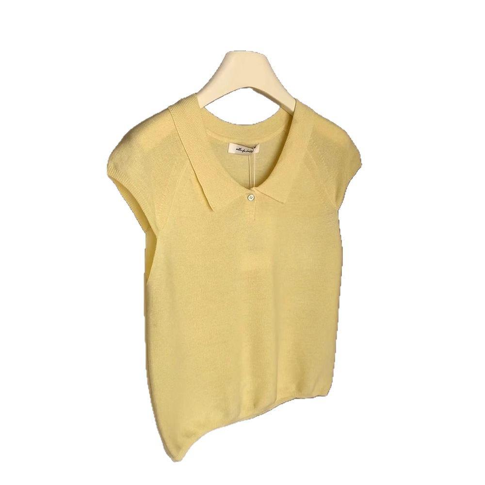 Women's 2025 Summer French Puff Sleeve Ice Silk Knitted Top with Turn-Down Collar