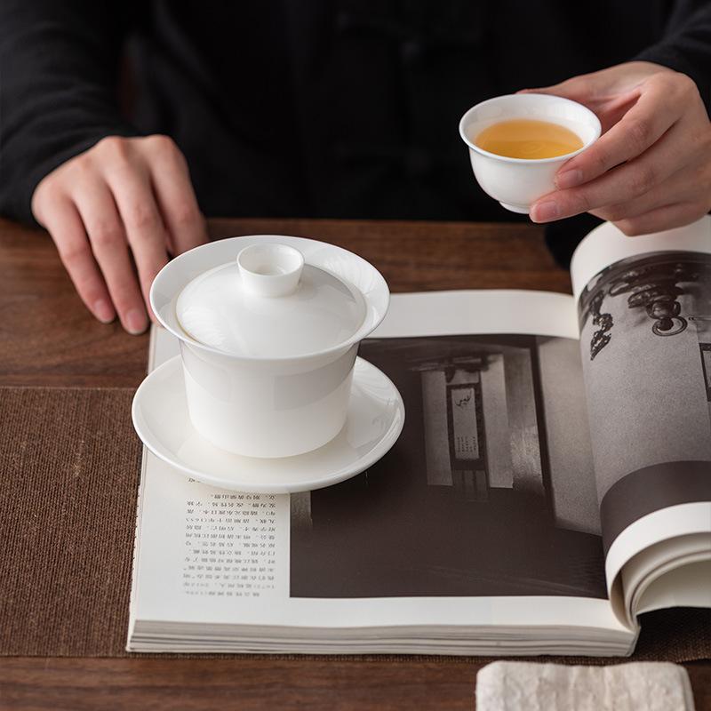 Hover Chinese suet jade porcelain cover bowl large white porcelain not hot, household tea ceramic three talents single tea bowl