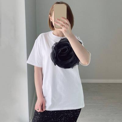 T-shirt Round Neck Short Sleeve 3D Mesh Yarn Camellia Decoration Tee Shirt Loose Fit