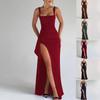 Wide Strap Square Neck Maxi Dress Ruched High Slit Elegant Bodycon Long Gown Multicolor Draped Side Split Sleeveless Evening Party Formal Prom Dress
