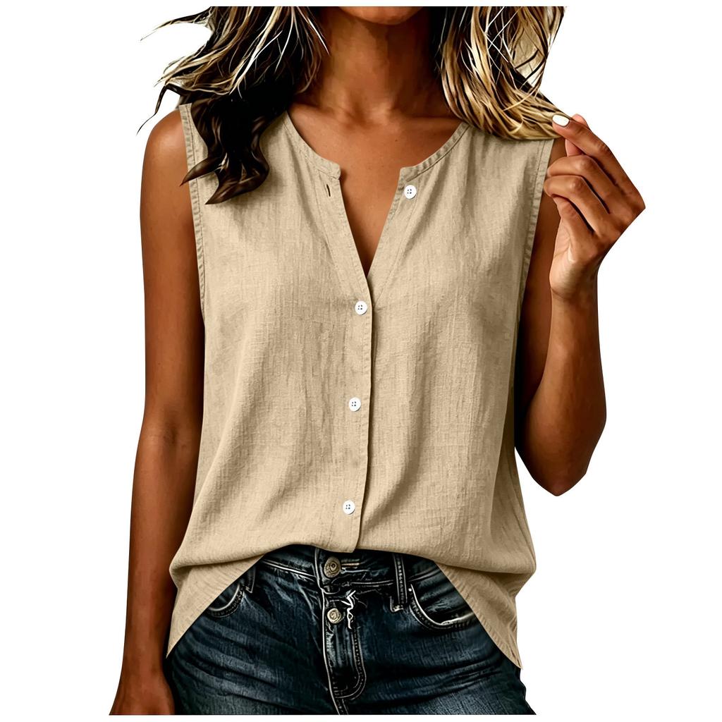 Women's Casual Round Neck Single-Breasted Cotton Linen Sleeveless Top