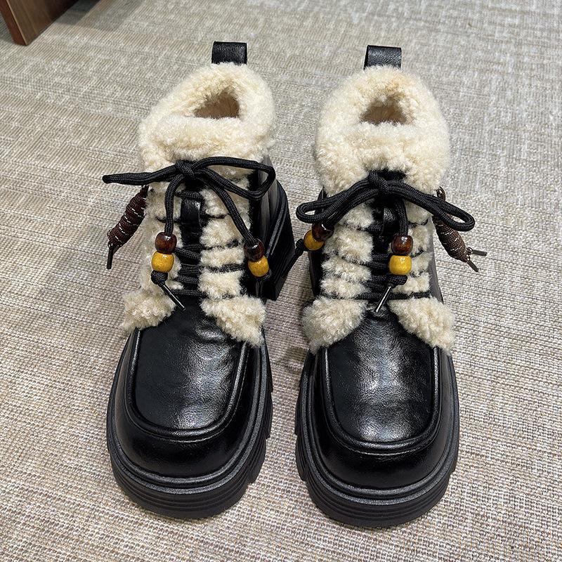 Leather thick-soled heightened velvet Martin boots women's snow boots winter new thickened warm cotton shoes short boots