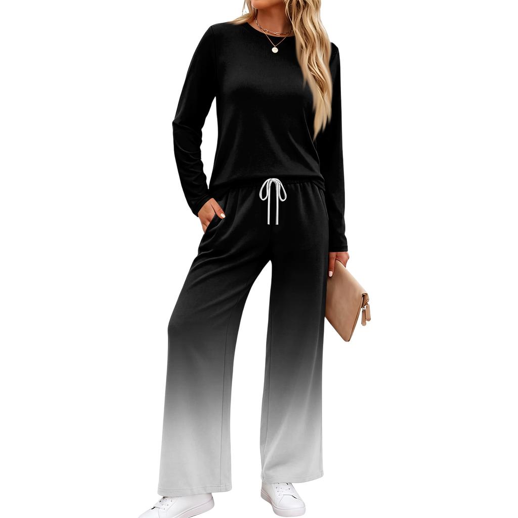 Women's Pajama Set with Pockets, Round Neck Long Sleeve Loose Fit Printed Casual Loungewear for Sleeping at Home