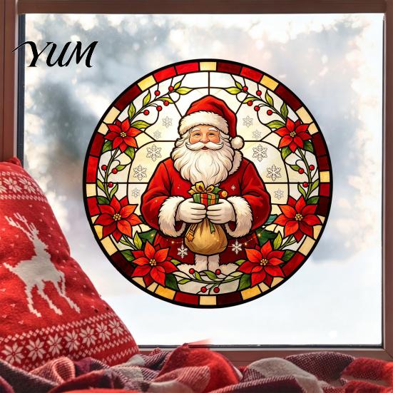 Christmas Party Glass Decorations Round Window Sticker, Stained Style, Removable Static Film Cling, Santa Claus Tree PVC Decal for Holiday Home Decor