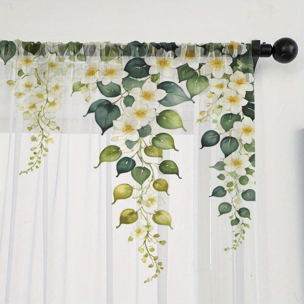 2PCS Digital Printing Sheer Curtain, Hanging White Flower Vine Pattern, Pastoral Fresh Spring Garden Window Treatment Decor