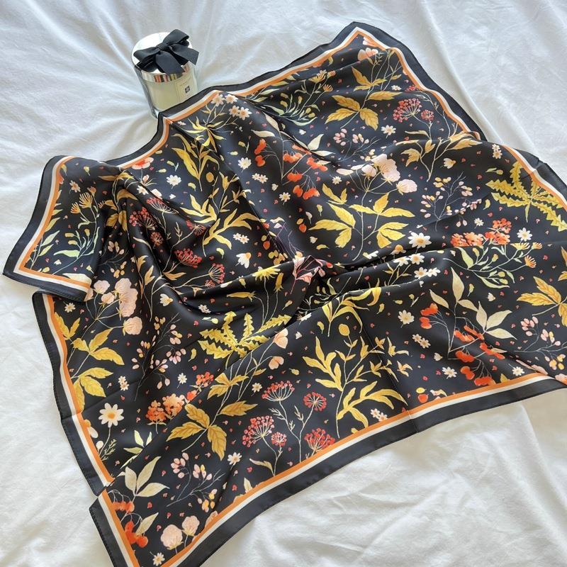 

Весенний новый элегантный шелковый шарф с имитацией шелка, женский квадратный шарф с французским принтом, уличный офисный маленький мягкий повязка на голову, шаль, хиджаб для женщин One Size чёрный