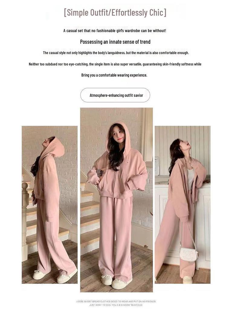 2024 Women's College Style Cotton Hoodie & Wide-Leg Pants Set - Spring/Autumn Casual Wear