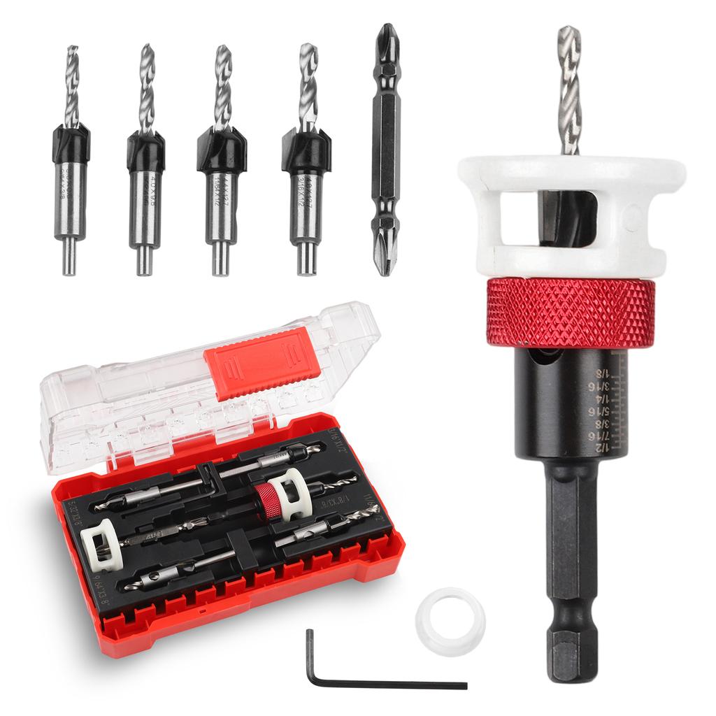 5 Piece Countersink Drill Bit Set with M2 High Speed Steel and Adjustable Depth for Use with Most Drill Machines