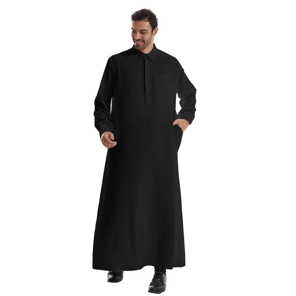 Men's Muslim Robe Solid Color Long Sleeve POLO Neck Pocket Loose Muslim Robe