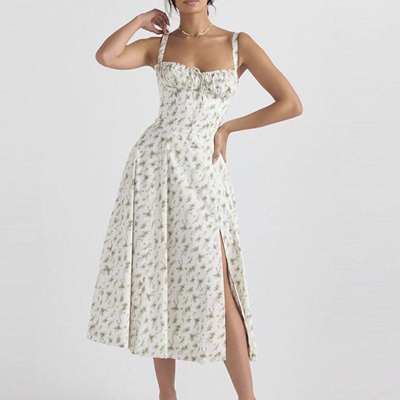 European and American Pastoral Style Sexy Square Collar Lace-up Small Floral Print Slim fit Puff sleeve Temperament High Slit Dress Women