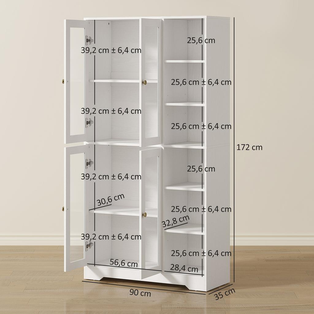 Kitchen Sideboard, High, Display Cabinet, 4 Glass Doors, 90 x 35 x 172 cm, White
