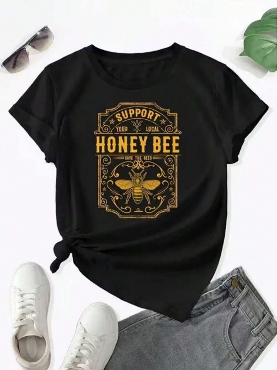 

Womens TShirt Short Sleeve Graphic Printed With Vintage Honey Bee Support Slogan S