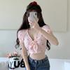 Bow Bandage Tops Sweet Crop Top Women's  Tops Floral Print Bow Slim  V Neck Short-Sleeved T-Shirt