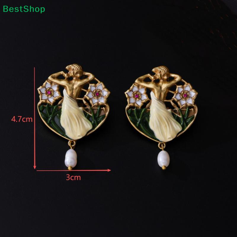 Vintage Art Nouveau Dancer Earrings – Enamel Floral Design with Freshwater Pearl Drop for Women