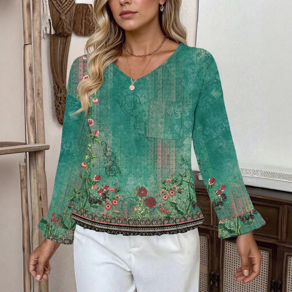 Dámský ležérní módní top s volánky, výstřihem do V, potiskem a dlouhým rukávem