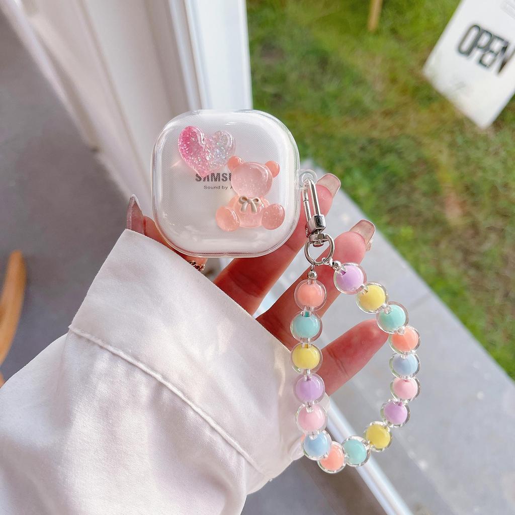 Cute Heart Bear Transparent øretelefondeksel til Samsung Galaxy Buds 2 Pro Live-deksel til Galaxy Buds2 Pro Funda Fullt beskytterdeksel med perlestropp