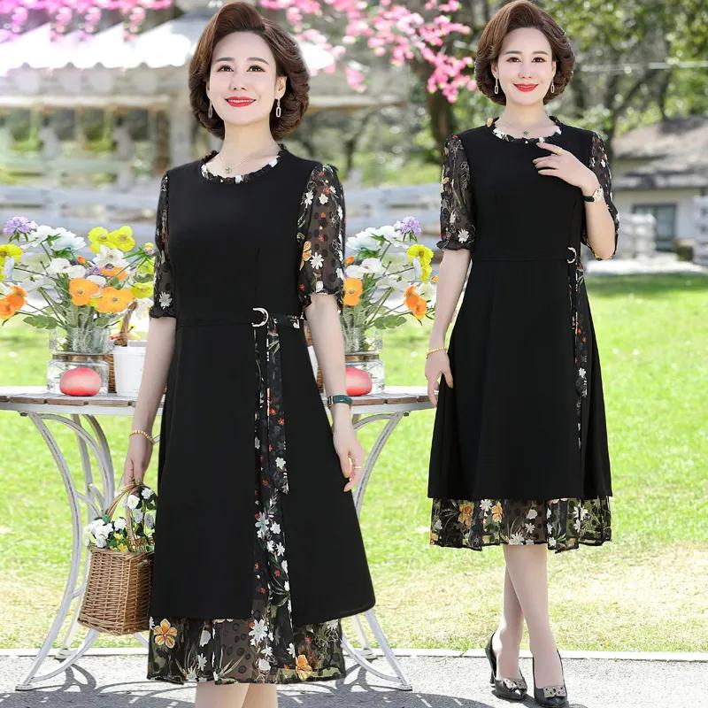 Women's Summer Dress Plus Size Temperament Short Sleeved Chiffon Dress, Middle-aged and Elderly Elegant Belly Covering Skirt
