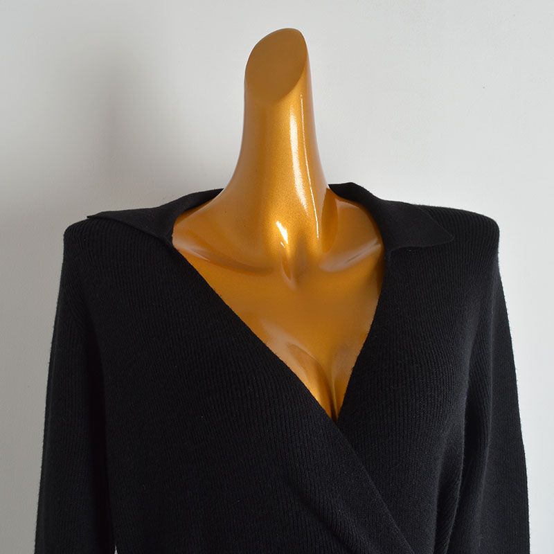 French Style New Arrival Solid Color Polo Collar Deep V Cross Waist One Button Knitting Dress Women's Spring & Fall Split Dress