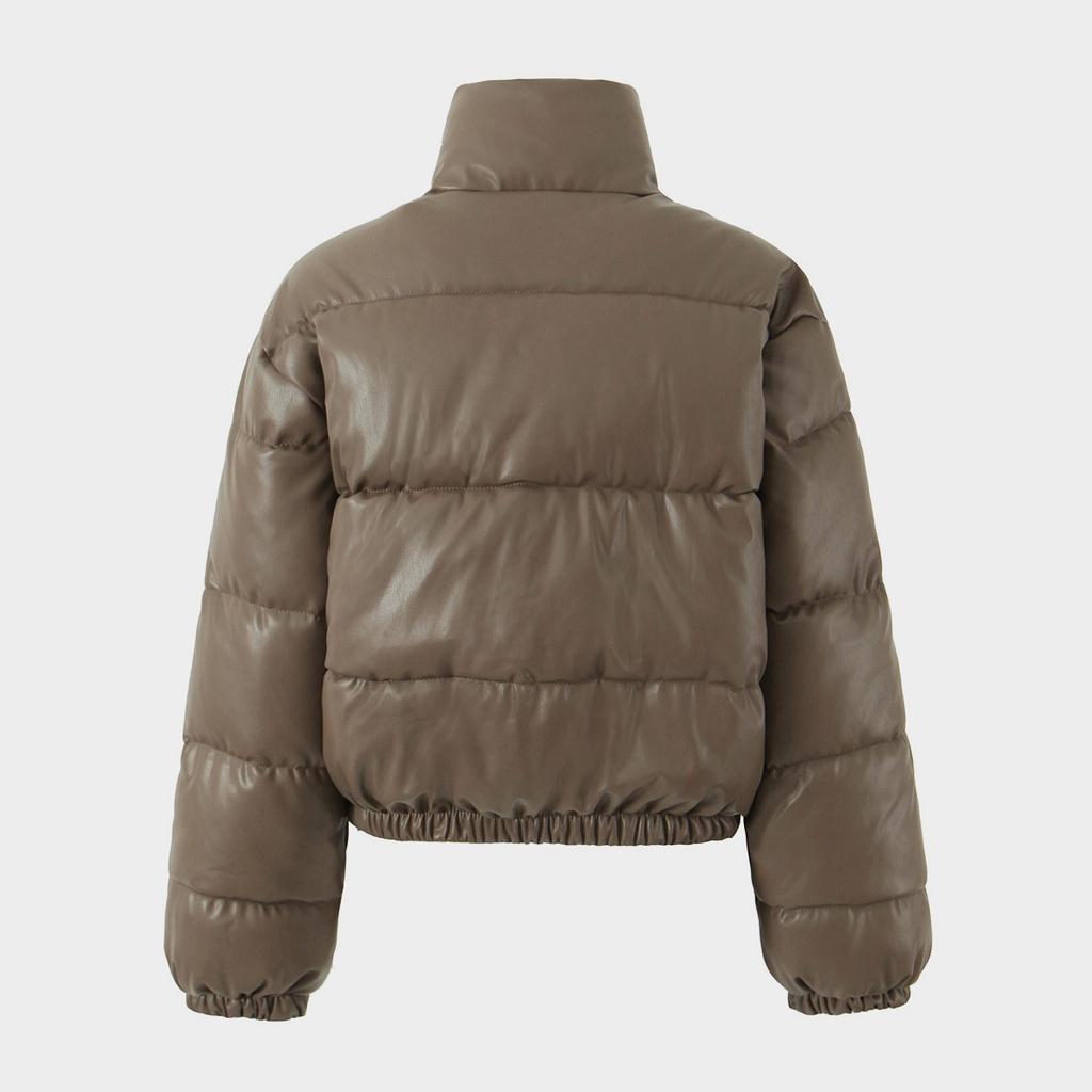 Krátká dámská bunda s volným zipem, stojací límec z PU kůže