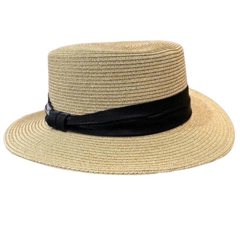 

Boater Hat Handmade Straw Hat Elegant Sun Hat Style Surprise Gift for Girlfriend for Vacations French Style чёрный