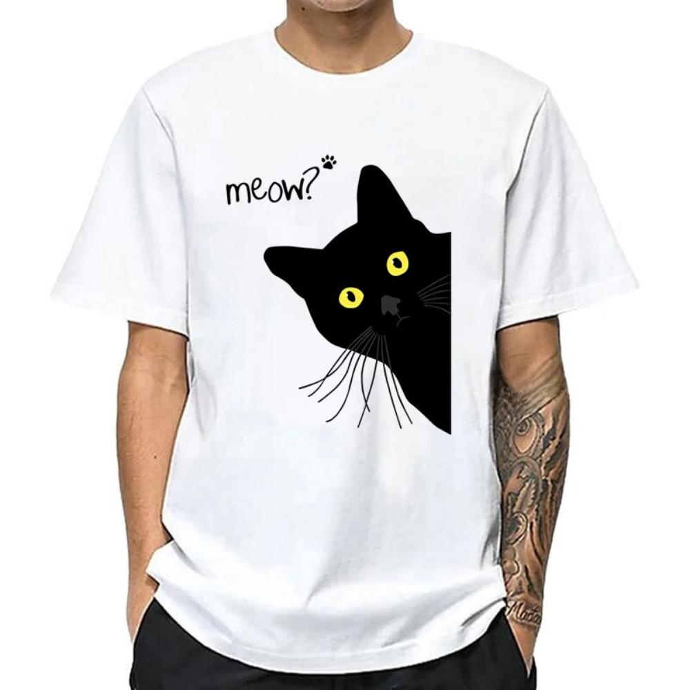 Men s Cotton T Shirt Summer Cat Black Cat Print Men s Short Sleeved Casual Loose Round Neck Men s Top Short Sleeved, Versatile Style S белый