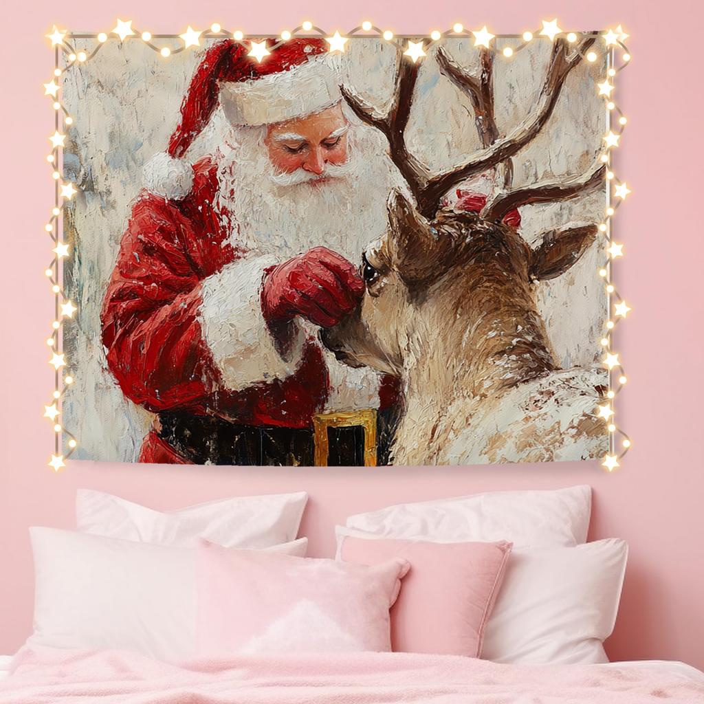 Winter Christmas Deer Tapestry,Rustic Christmas Wall Tapestry For Bedroom, Winter Snowy Forest Xmas Deer Tapestries Wall Hanging