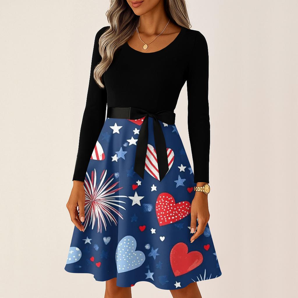 Ladies' Casual And Fashionable Round Neck Long Sleeved Retro Independent Day Print Retro Dress