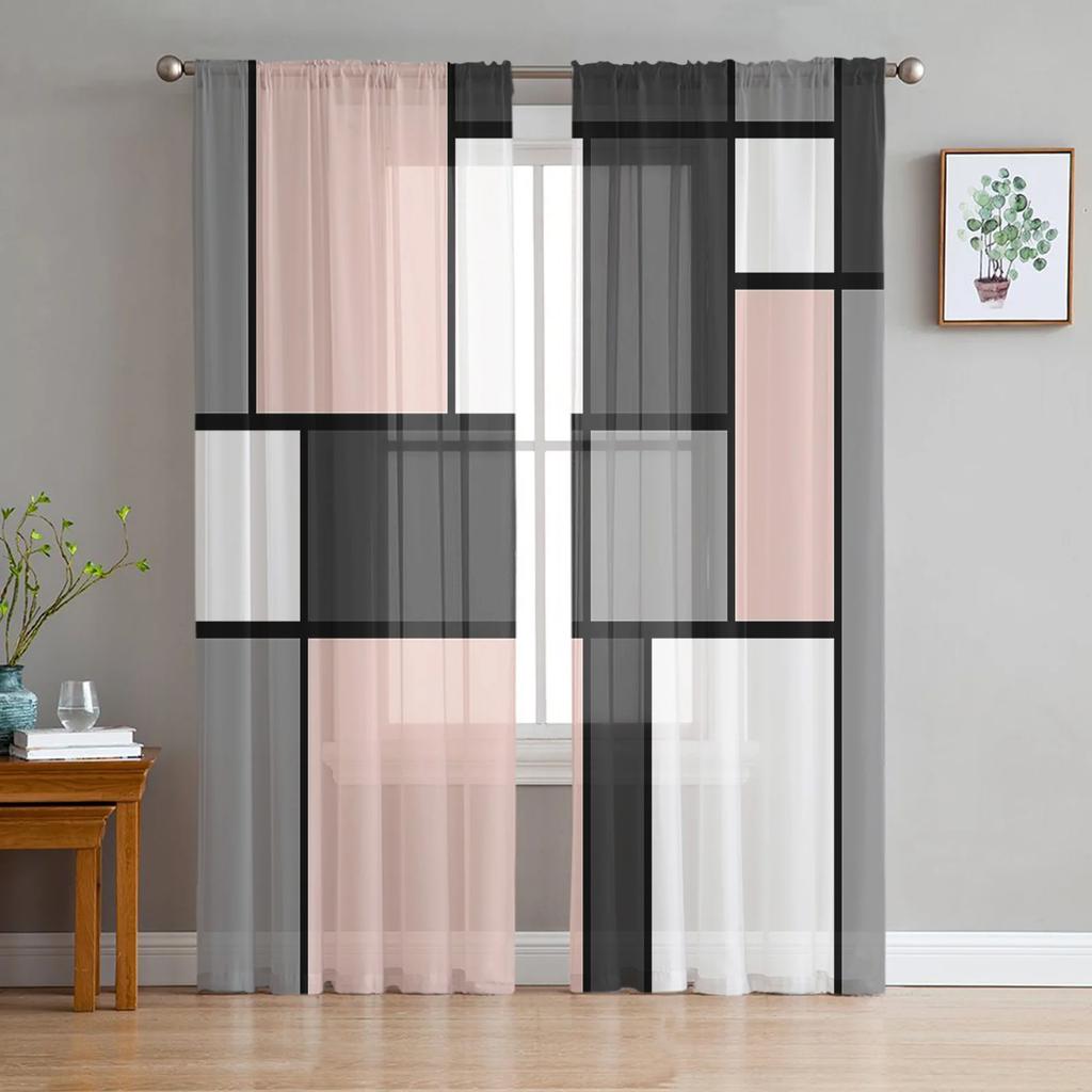 Modern Abstract Geometric Tulle Curtain Drapes Living Room Bedroom French Doors Window Middle Century Chiffon Curtains Sheer Polyester Area Decor