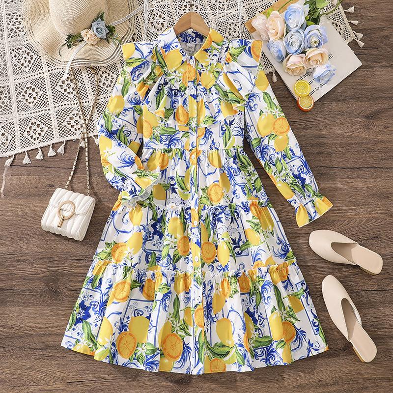 Girls' Dress Children's Clothing Autumn Winter New Style Floral Print Long-sleeved Girl 8-12Y Princess Dress